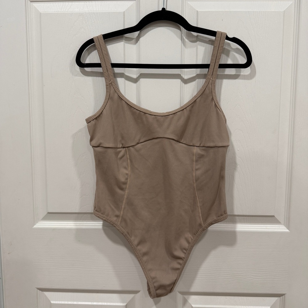 For Love &‎ Lemons Ribbed Thong Bodysuit Tan XL Scoop Neck